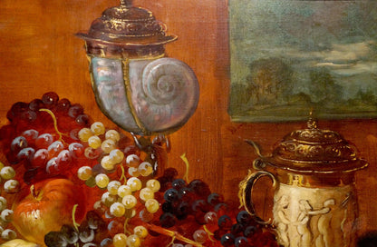 Oil painting Still life Huber Ed. with ornate silver snail shell container