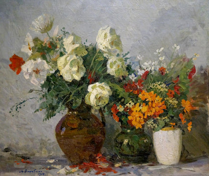 Oil painting of rustic brown vase with white orange flowers by Khodchenko Lev Pavlovich