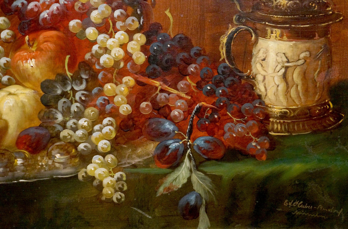Oil painting Still life Huber Ed: gilded tankard with figures by grapes