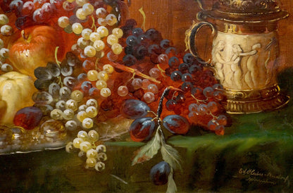 Oil painting Still life Huber Ed: gilded tankard with figures by grapes