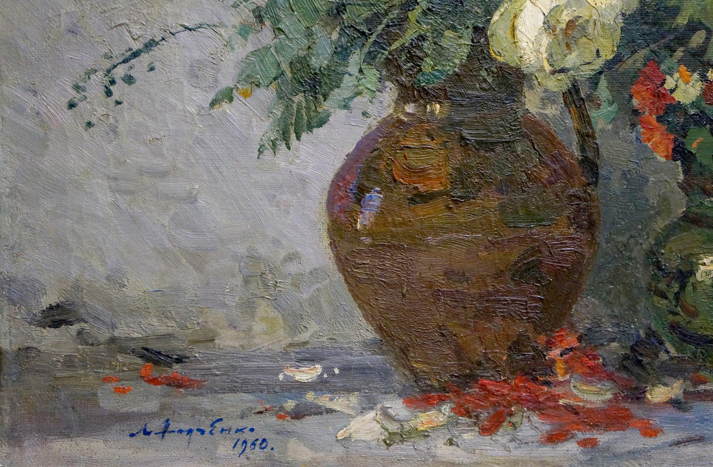 Oil painting Flowers Khodchenko Lev Pavlovich: rustic brown vase with green leaves, white flowers