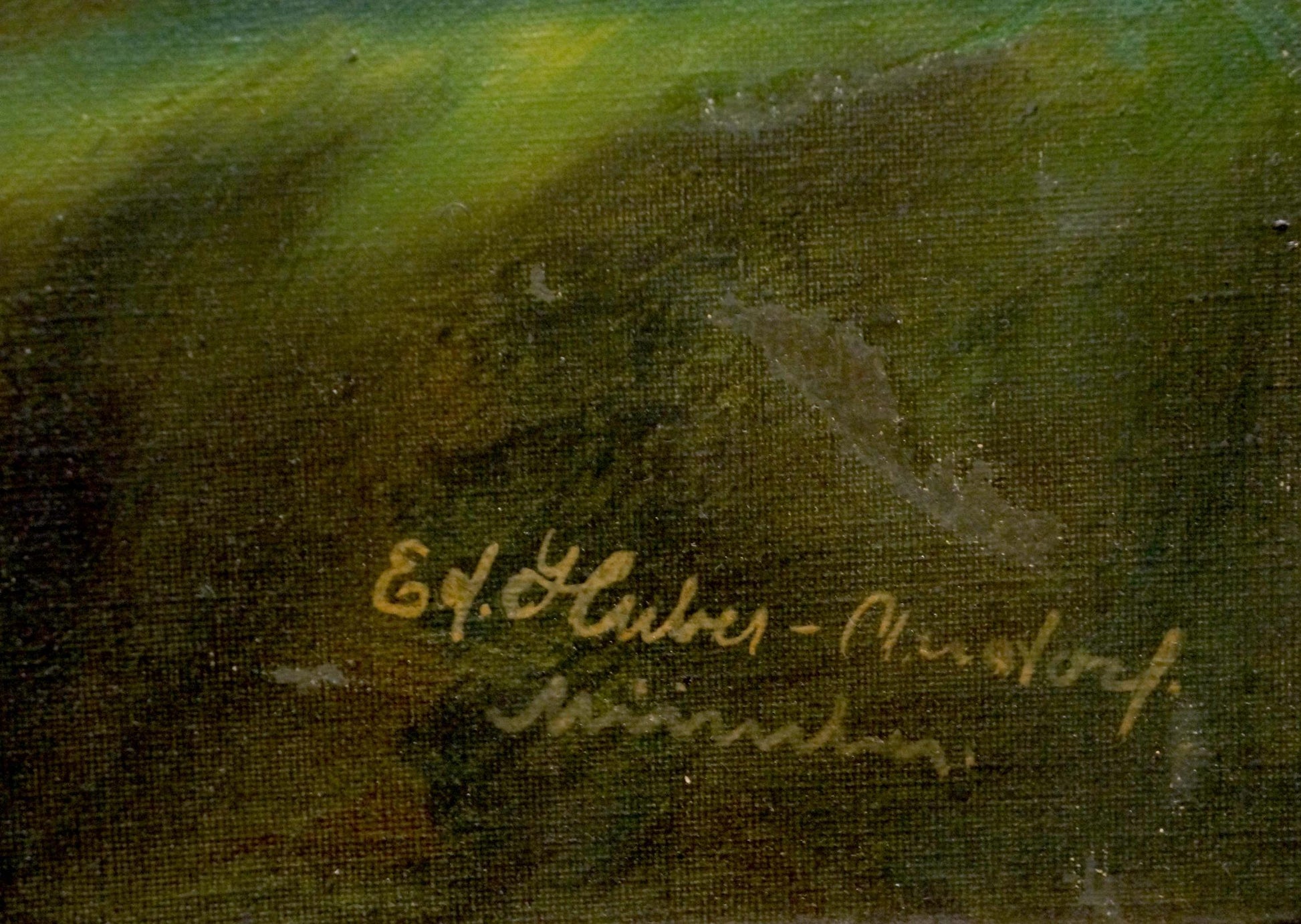 Handwritten gold signature on textured green canvas, Oil painting Still life Huber Ed
