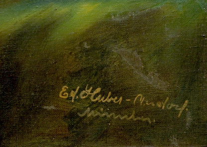Handwritten gold signature on textured green canvas, Oil painting Still life Huber Ed