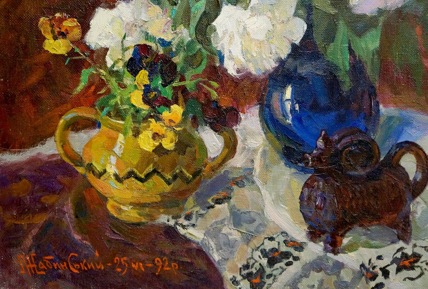 Vibrant yellow zigzag vase with white yellow flowers, Leonid Zhabinsky oil painting gift