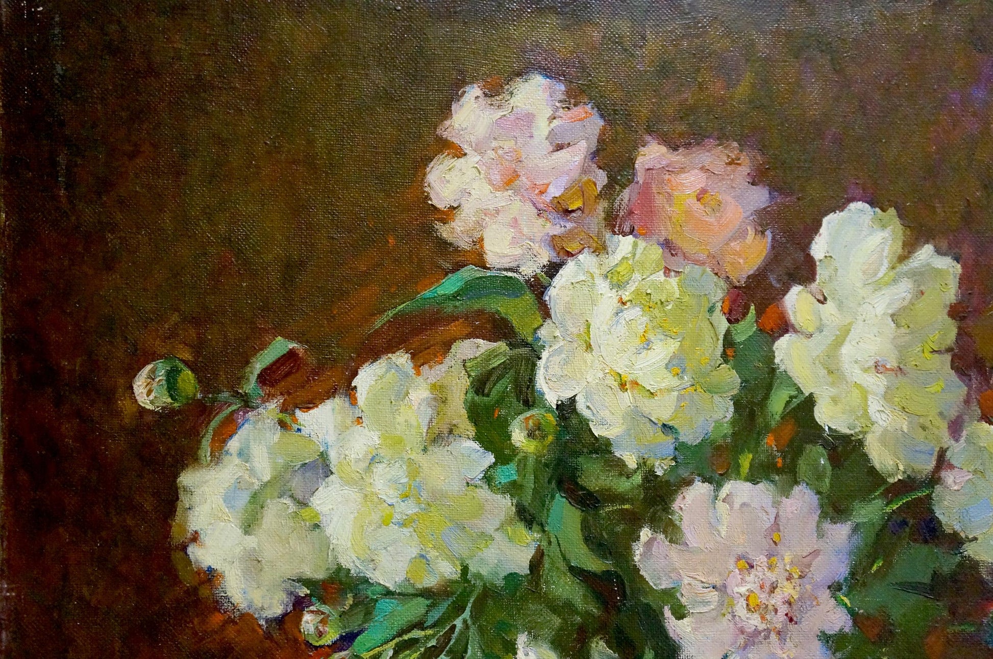 Vibrant oil painting of white pink peonies by Leonid Zhabinsky, gift for girl