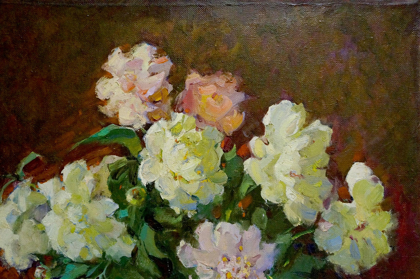 Soft-focus oil painting of white pink peonies by Leonid Zhabinsky, girl gift