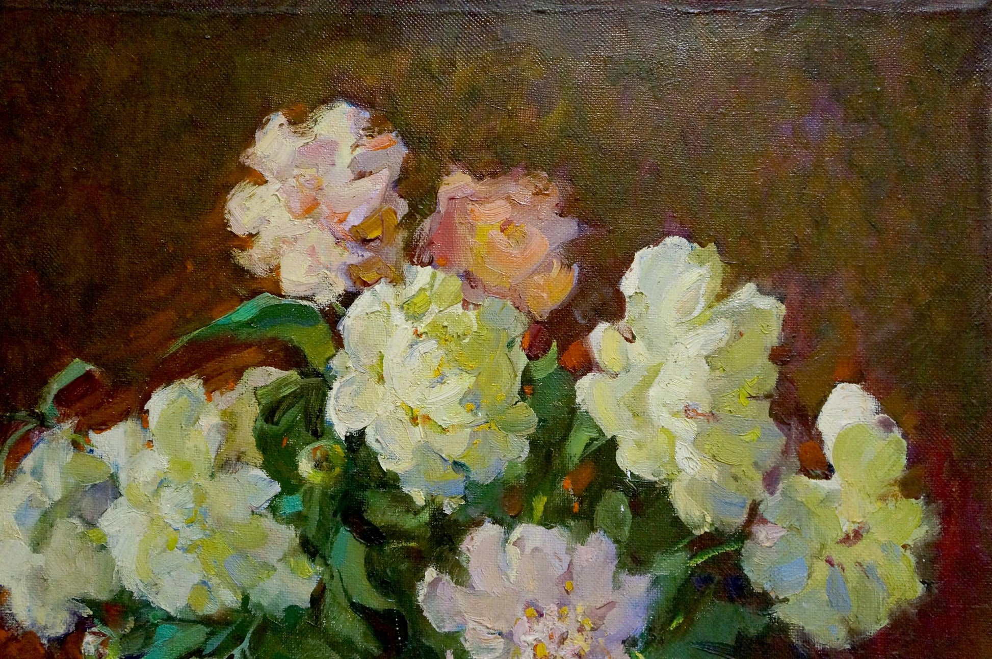 Soft-focus oil painting of white pink peonies by Leonid Zhabinsky, girl gift