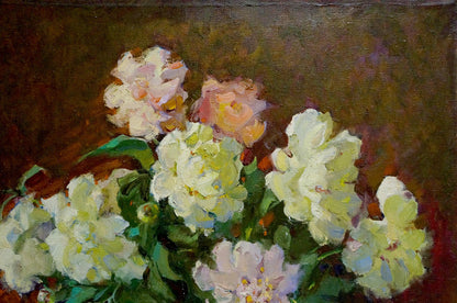 Soft-focus oil painting of white pink peonies by Leonid Zhabinsky, girl gift