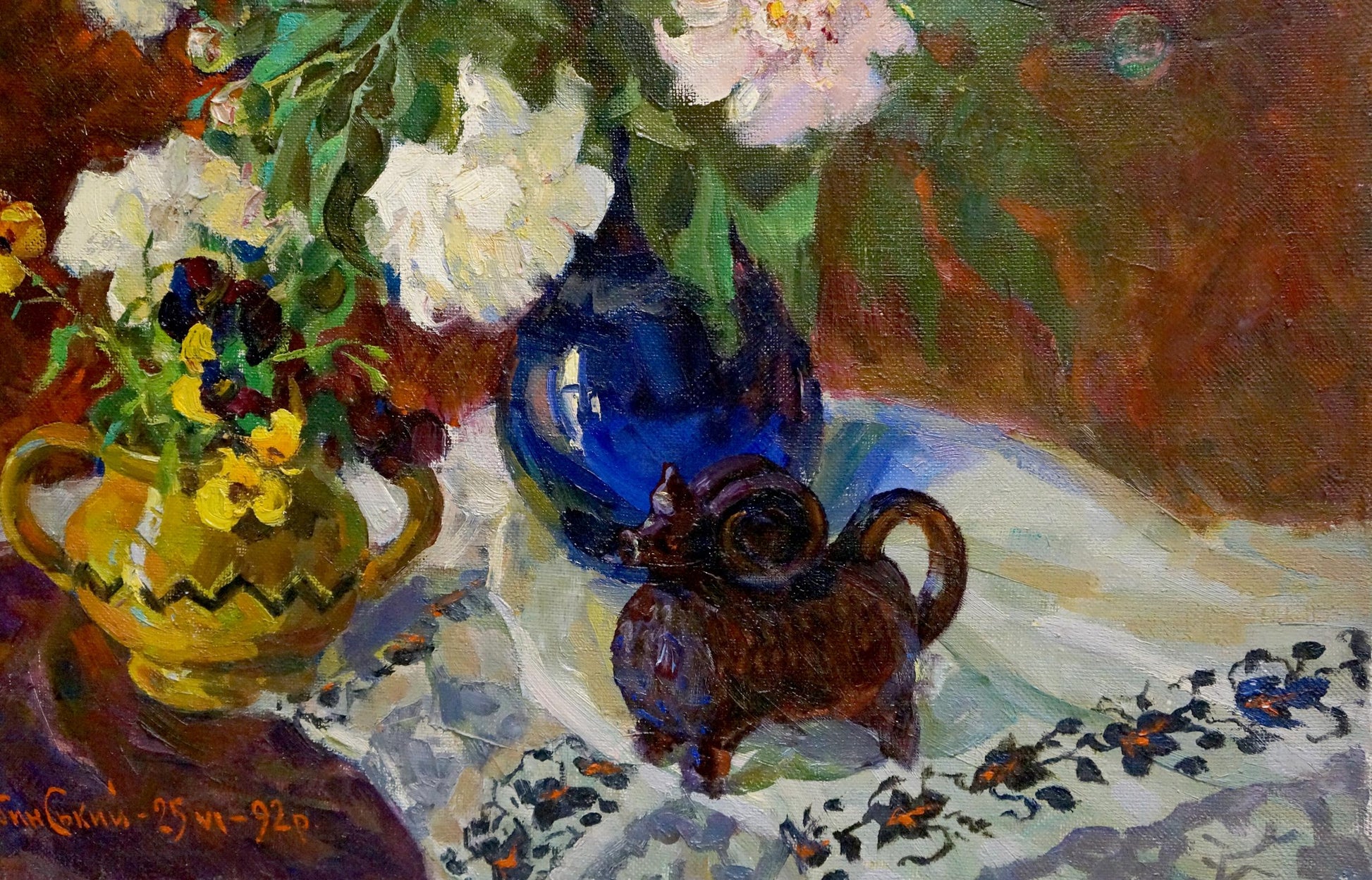 Glossy cobalt blue ceramic vase with white peonies, Leonid Zhabinsky oil painting gift