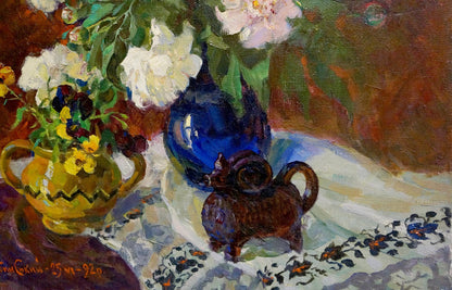 Glossy cobalt blue ceramic vase with white peonies, Leonid Zhabinsky oil painting gift