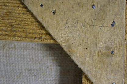 Back of Leonid Zhabinsky oil painting gift for girl, weathered wooden frame corner with screws and handwritten dimensions