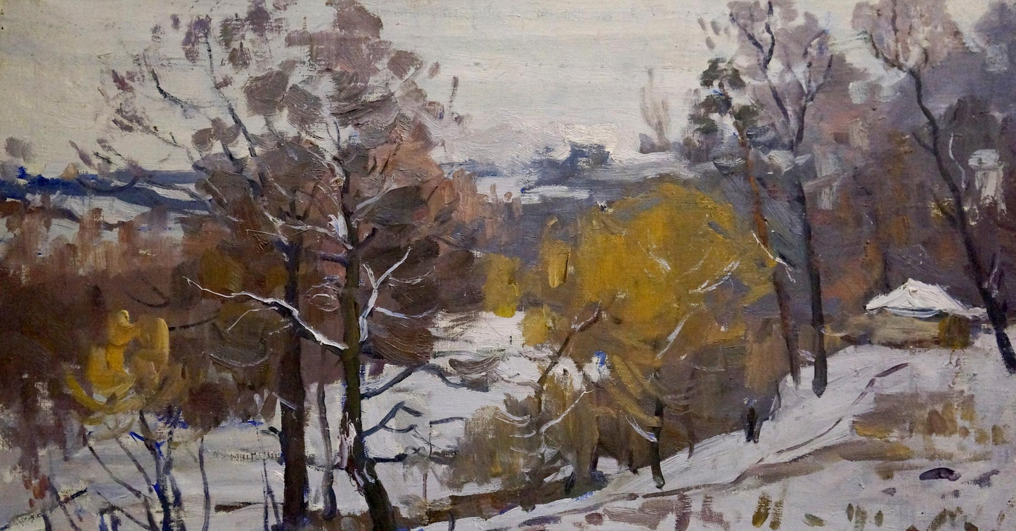 Oil painting of snowy winter forest landscape by Moses Gantman