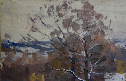 Oil painting of snow-dusted tree in winter forest by Moses Gantman