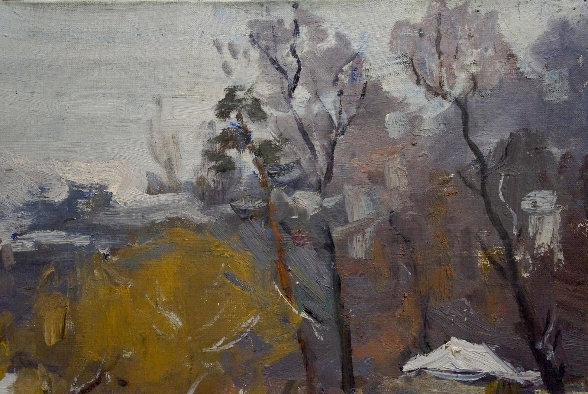 Oil painting of misty winter forest landscape by Moses Gantman