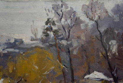 Oil painting of misty winter forest landscape by Moses Gantman