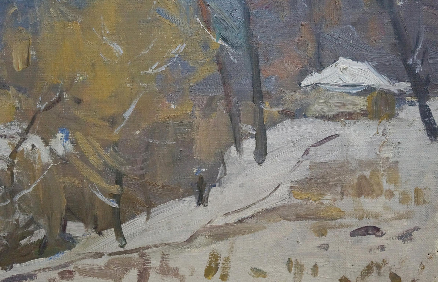 Oil painting of snowy winter forest landscape by Moses Gantman