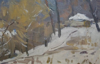 Oil painting of snowy winter forest landscape by Moses Gantman