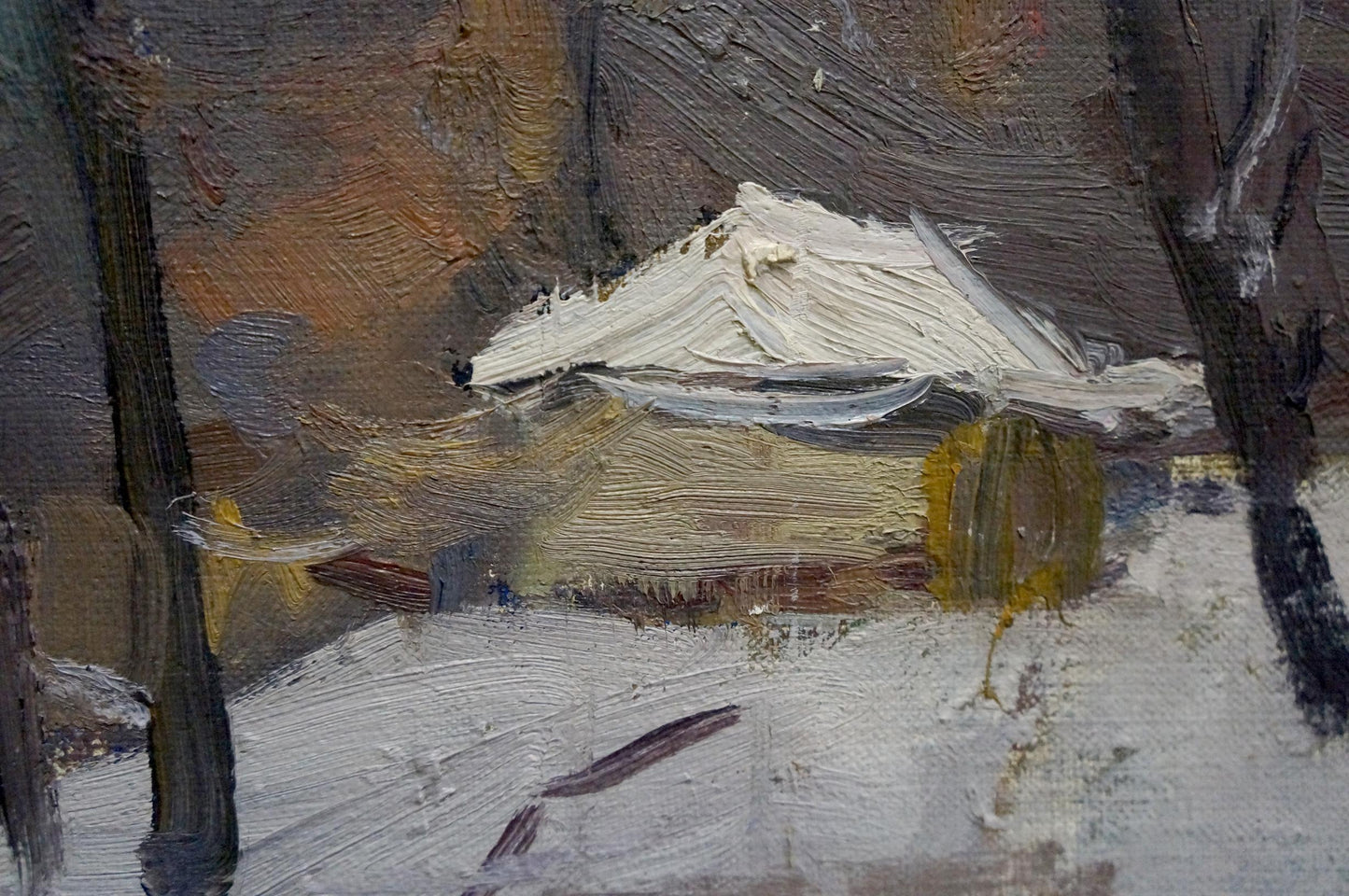 Oil painting of snow-covered winter forest house by Moses Gantman