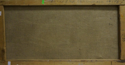 Back of Winter forest landscape oil painting by Moses Gantman, beige linen and wood frame
