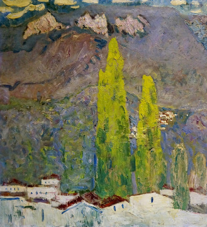 Vibrant green cypress trees in Tolochko Victor Ivanovich oil painting Away mountains