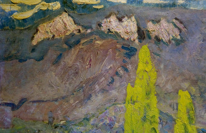 Vibrant yellow tree in Tolochko Victor Ivanovich oil painting Away mountains