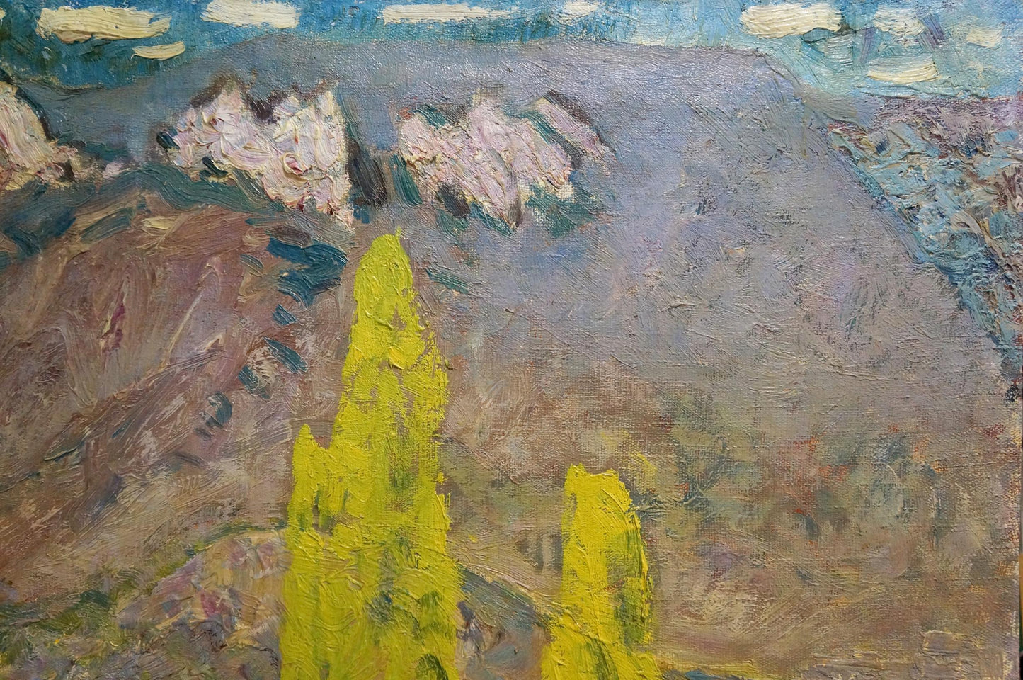 Vibrant yellow cypress in Tolochko Victor Ivanovich oil painting Away mountains