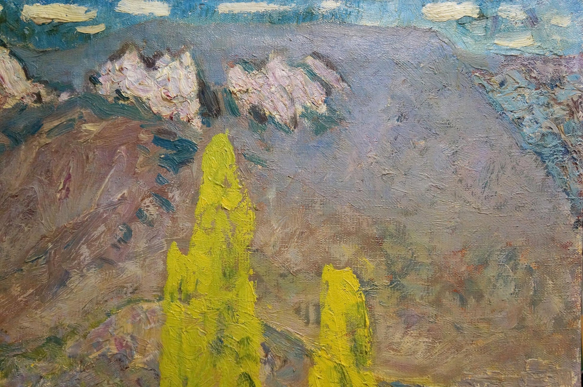 Vibrant yellow cypress in Tolochko Victor Ivanovich oil painting Away mountains
