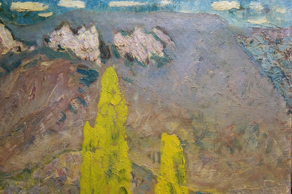 Vibrant yellow cypress in Tolochko Victor Ivanovich oil painting Away mountains