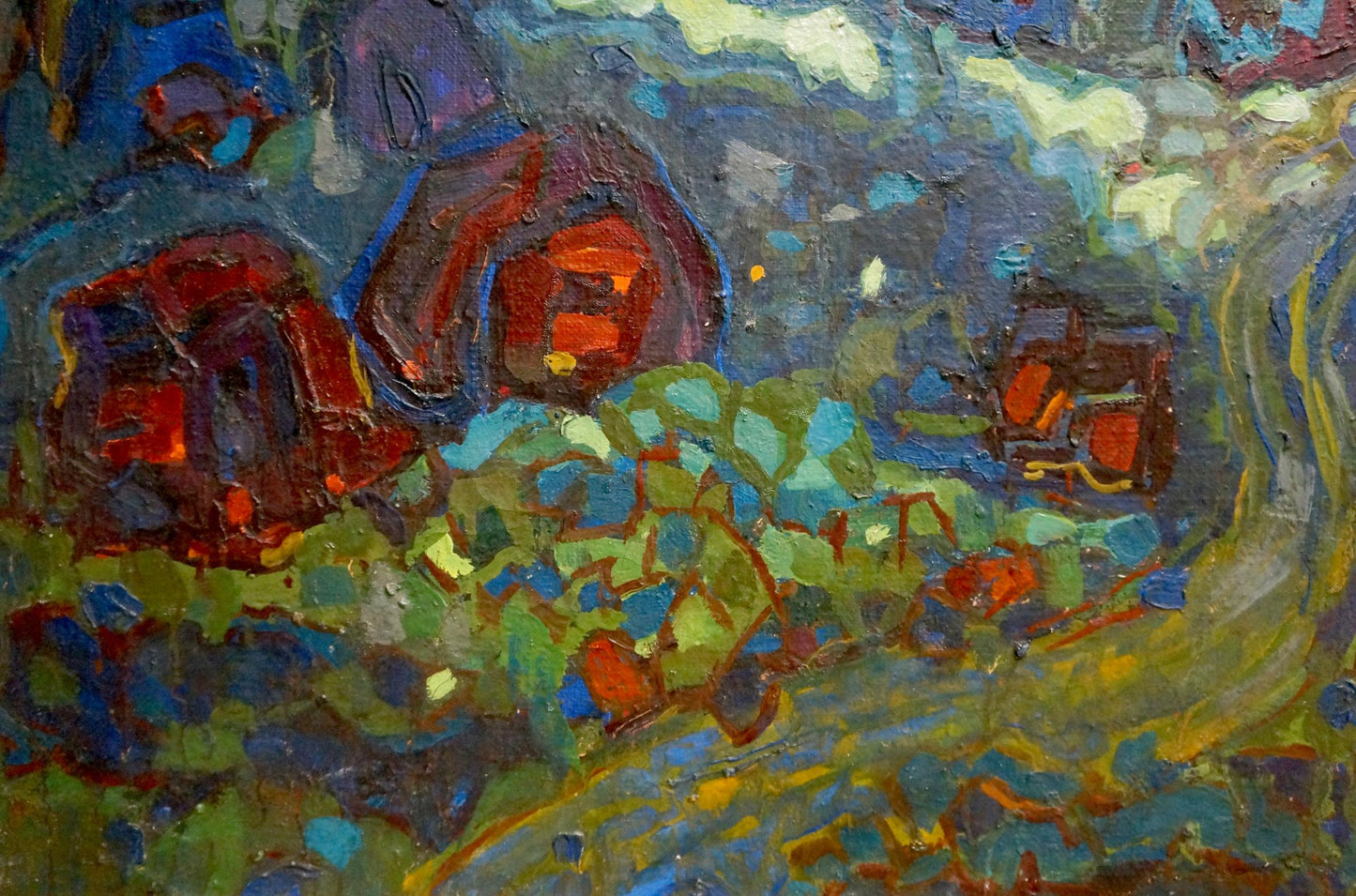 Vibrant abstract oil painting Kingdom Gornyy with bold red orange circles on textured blues greens yellows