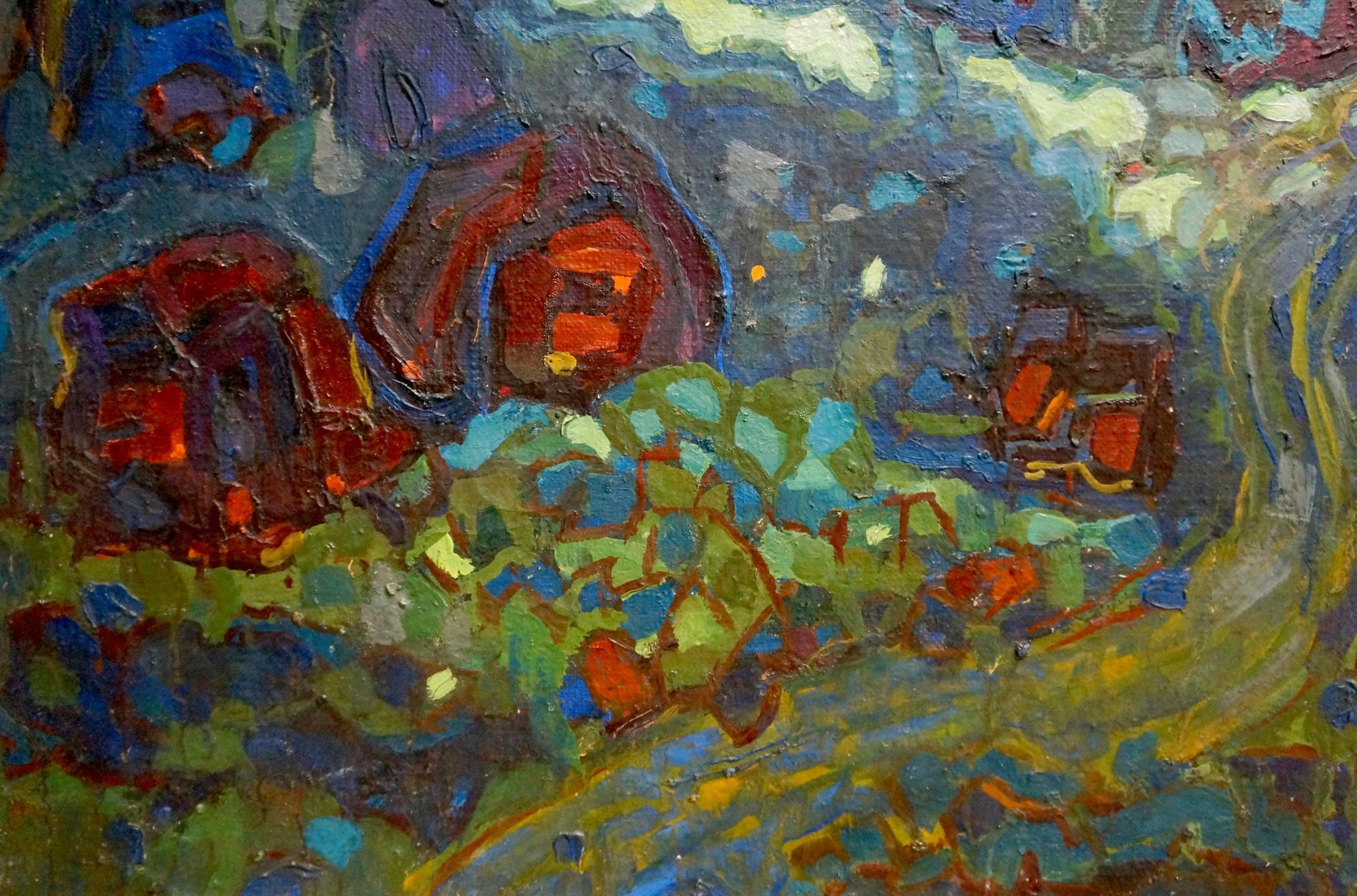 Vibrant abstract oil painting Kingdom Gornyy with bold red orange circles on textured blues greens yellows