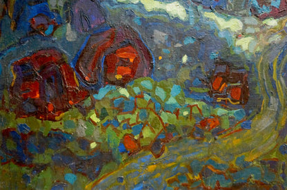 Vibrant abstract oil painting Kingdom Gornyy with bold red orange circles on textured blues greens yellows