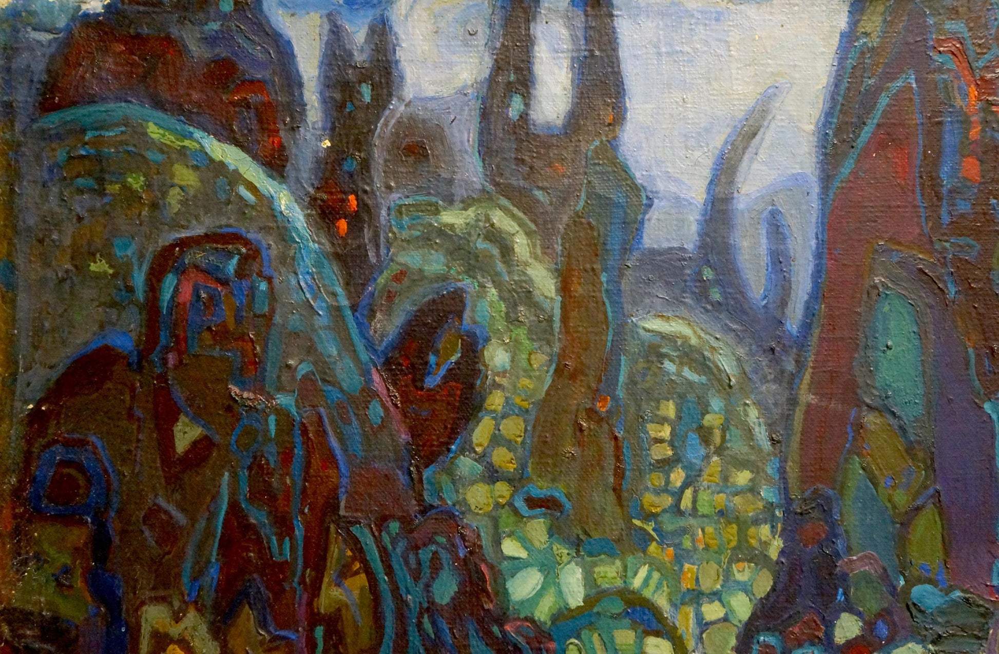 Abstract oil painting Kingdom Gornyy with bold textured brushstrokes in reds blues earthy tones