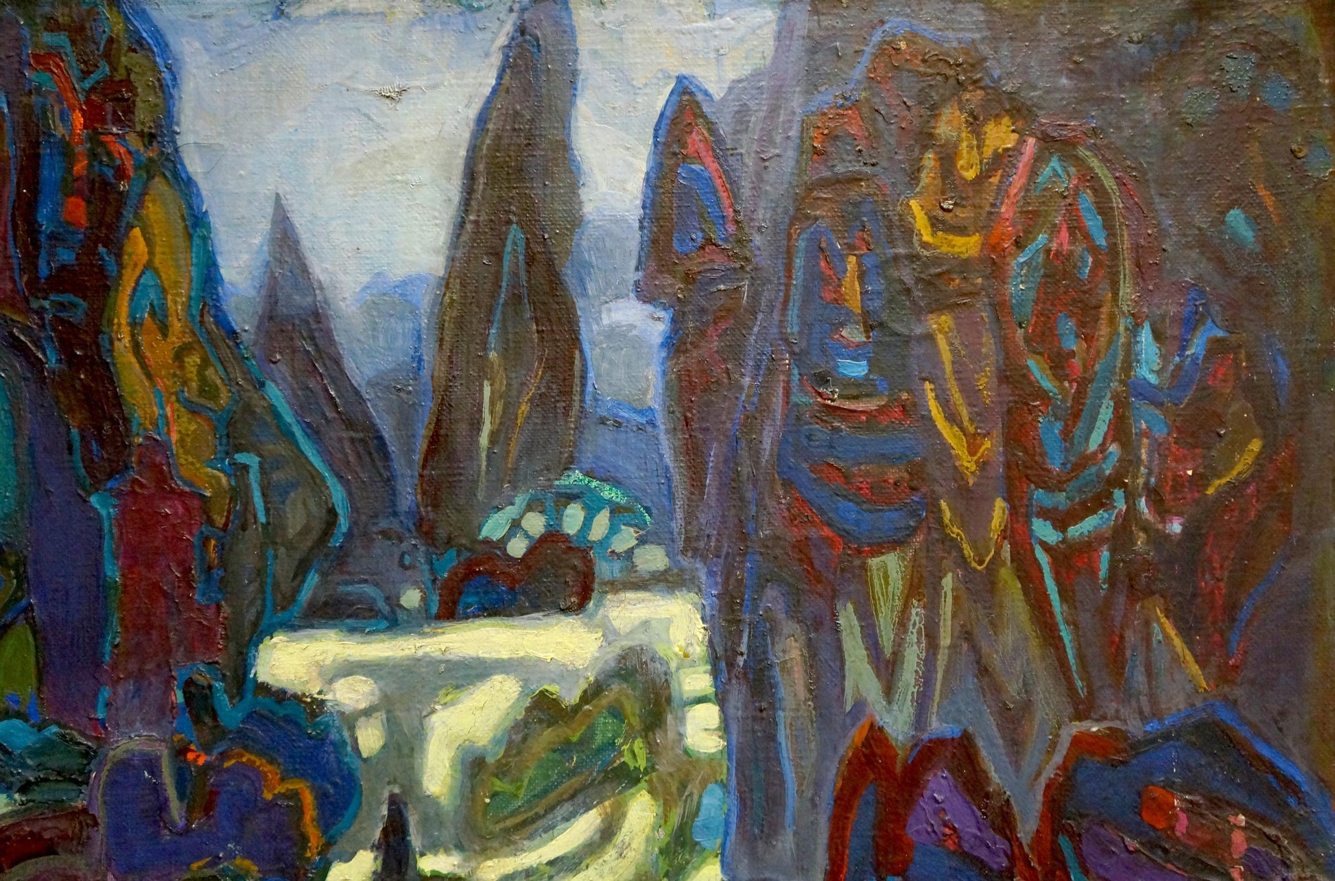 Abstract oil painting Kingdom Gornyy with bold textured brushstrokes in blues purples yellows reds