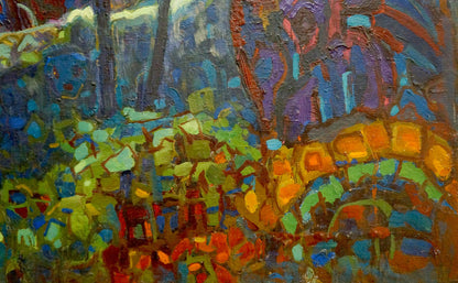 Vibrant Kingdom Gornyy abstract oil painting landscape in bold greens, blues, purples, oranges