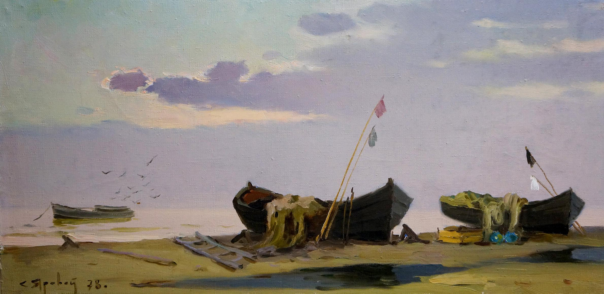 Oil painting Evening seaside by Yarovoy Stepan Kalinovich serene boats on shore