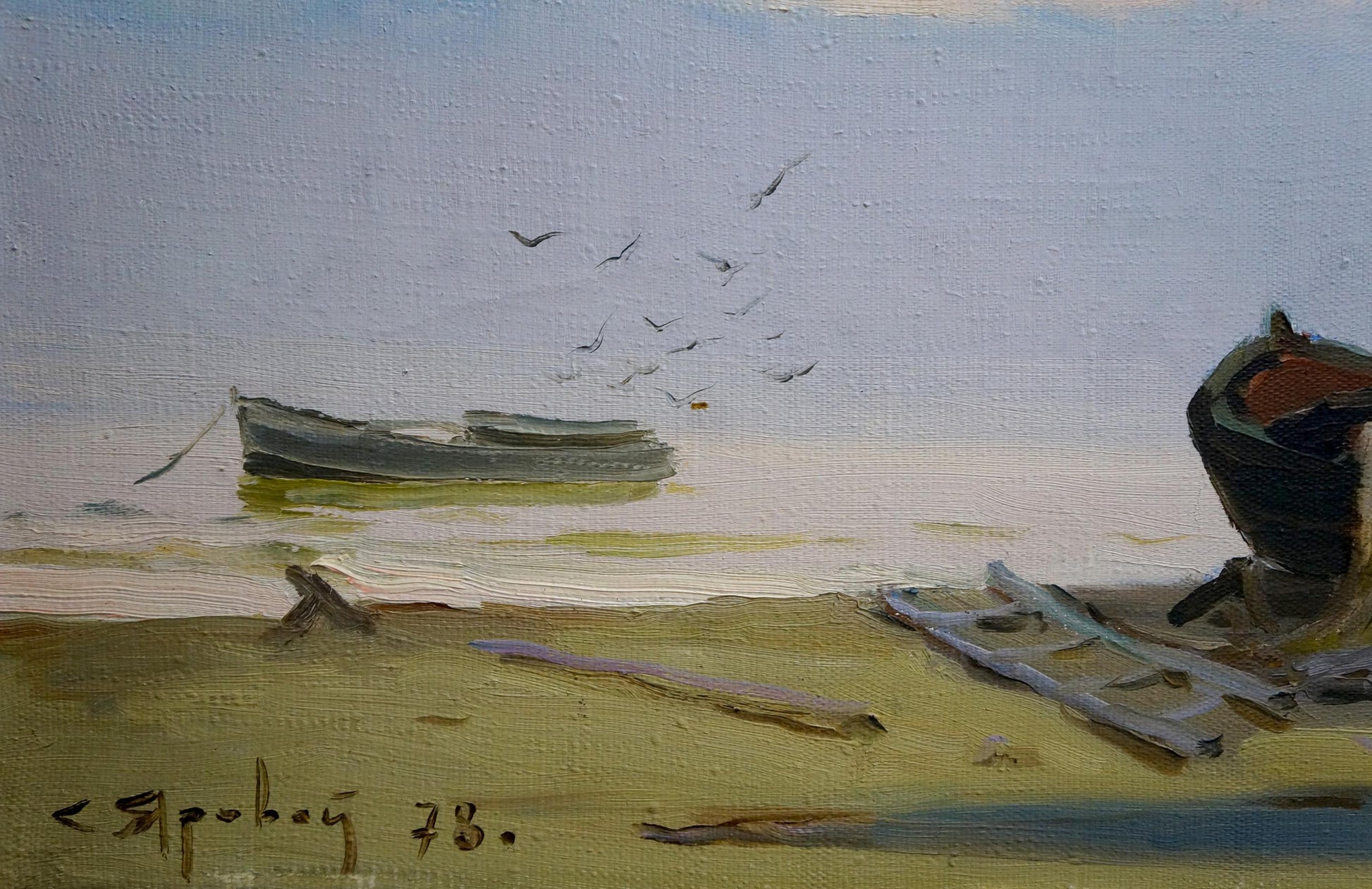 Oil painting of muted gray rowboat on Evening seaside by Yarovoy Stepan Kalinovich