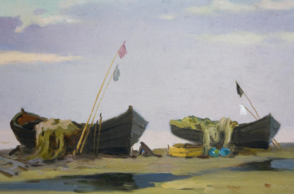 Oil painting by Stepan Kalinovich: two dark wooden fishing boats with seaweed, pink and black flags