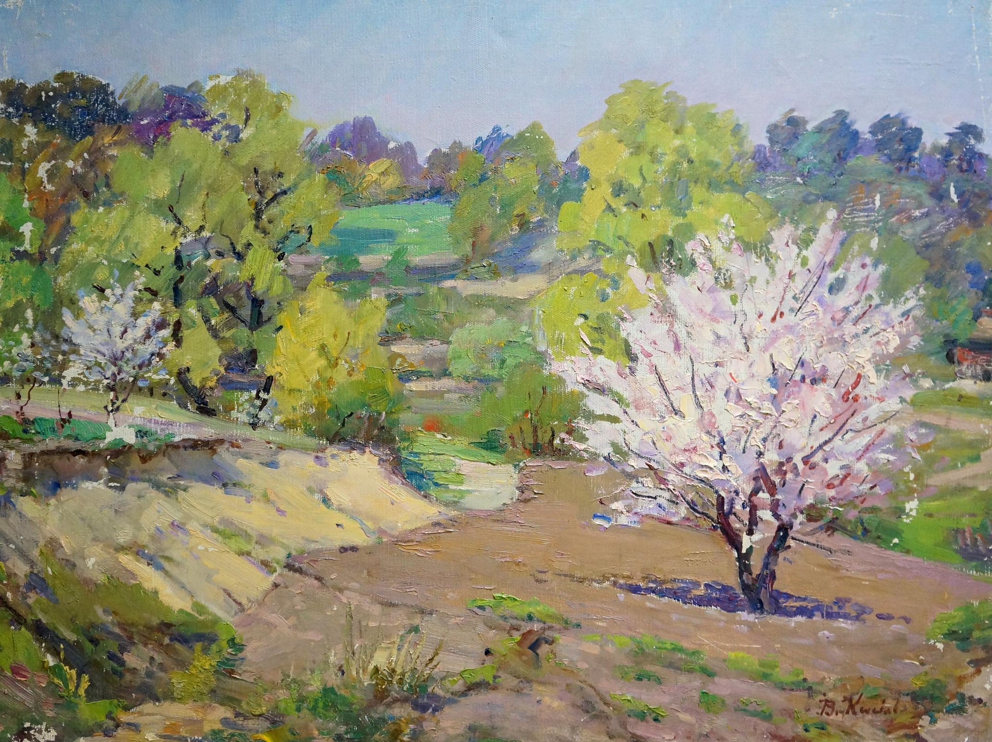 Vibrant impressionist oil painting In the Garden by Kisel Ivan Gordeevich