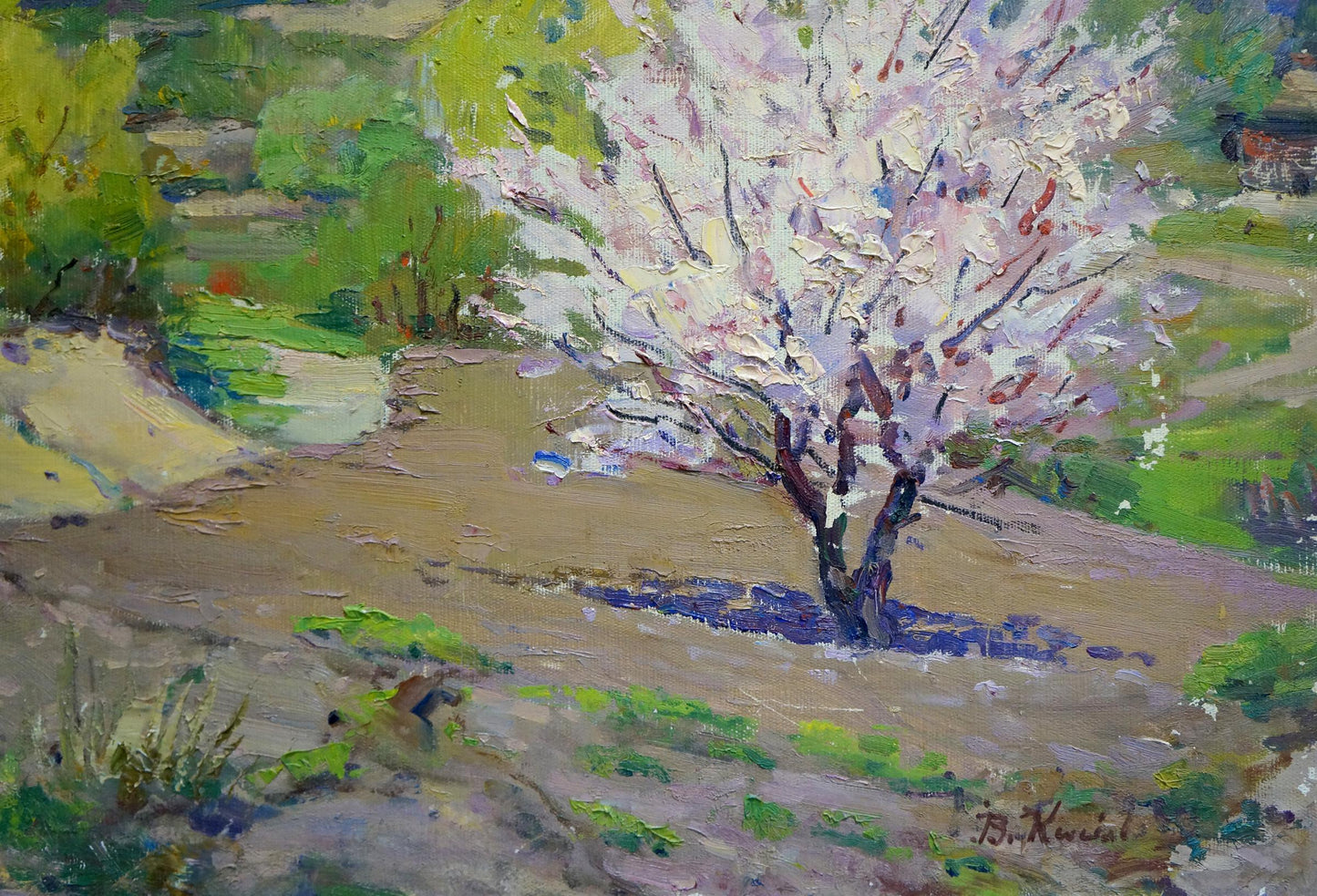 Oil painting In the garden by Kisel Ivan Gordeevich: blossoming white tree