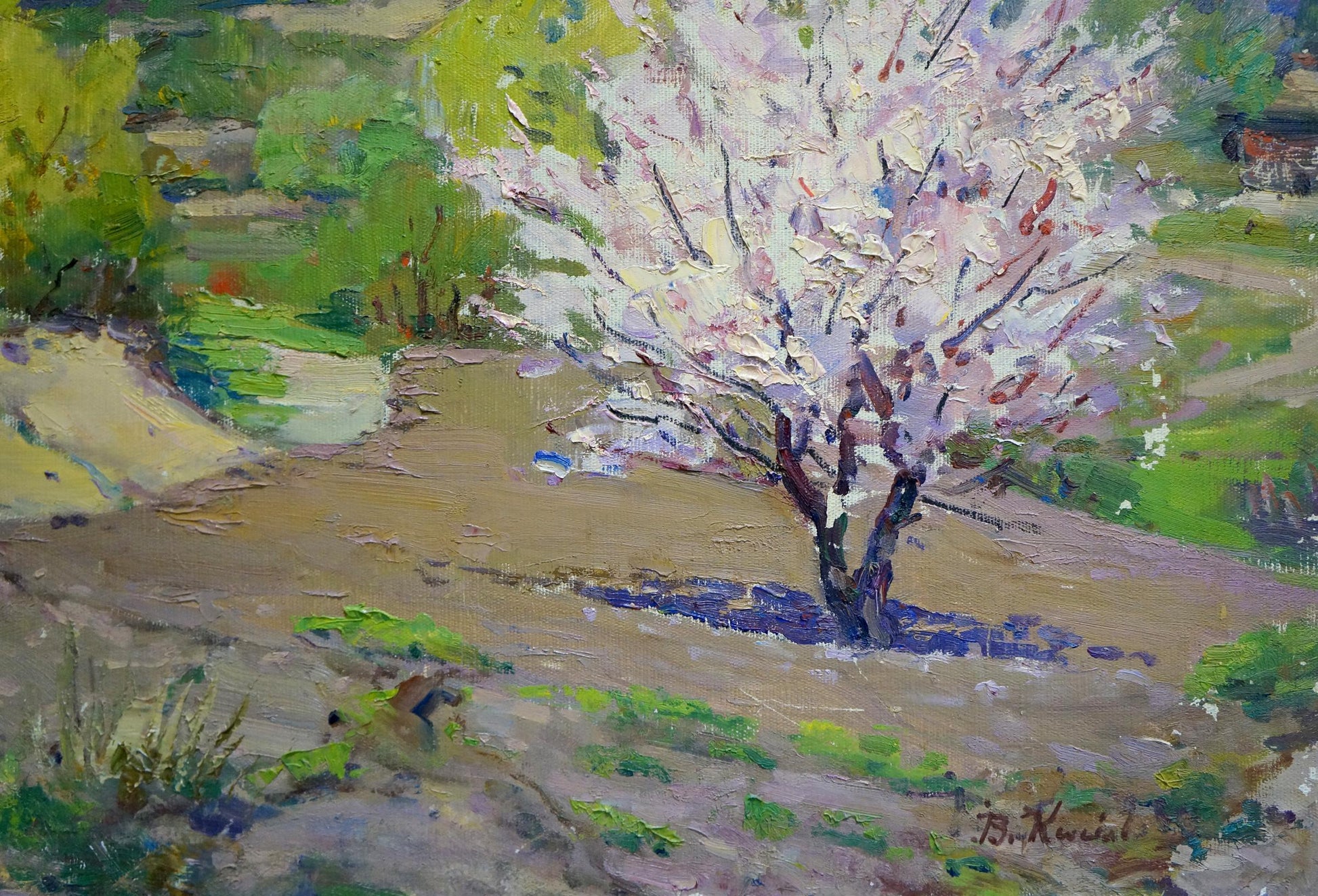 Oil painting In the garden by Kisel Ivan Gordeevich: blossoming white tree