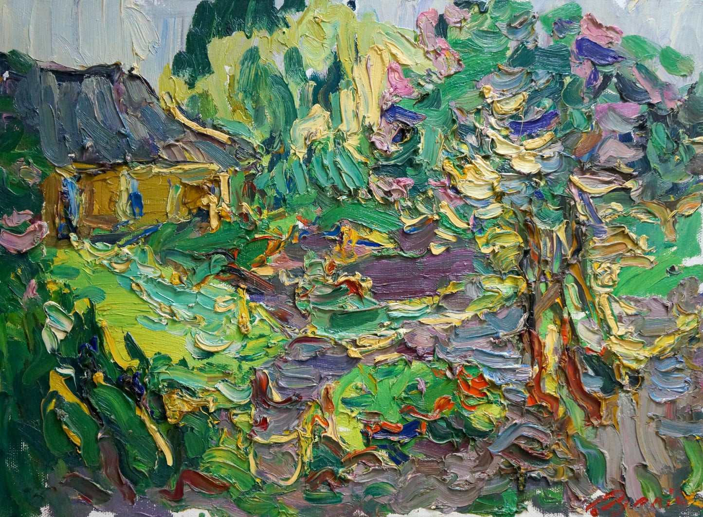 Vibrant impressionist oil painting by Dupliy Sergey Alexandrovich of rustic cottage in lush greenery