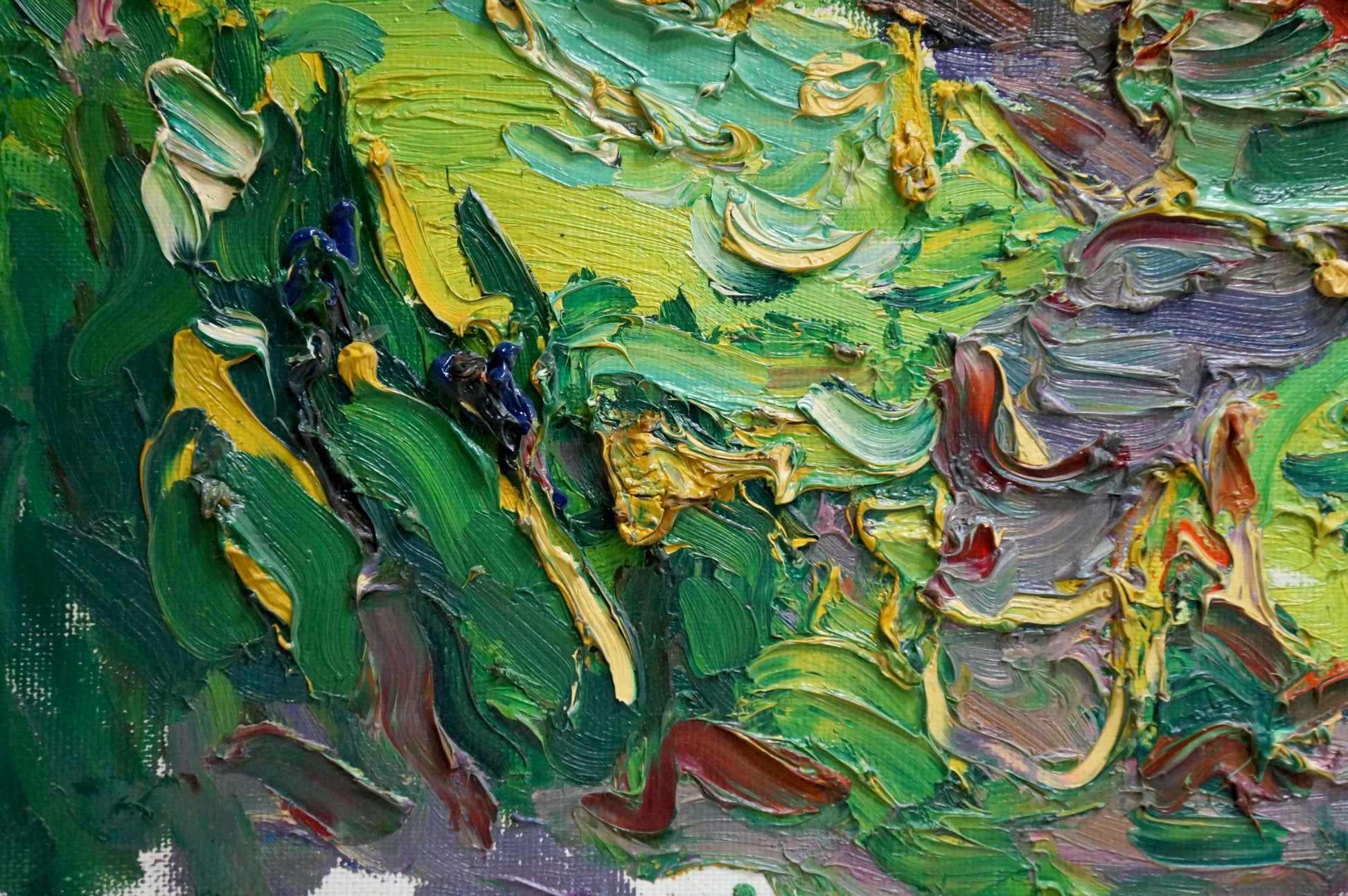 Vibrant oil painting by Sergey Alexandrovich with green, yellow, purple strokes