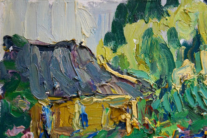 Vibrant impressionist oil painting by Dupliy Sergey Alexandrovich of rustic cottage