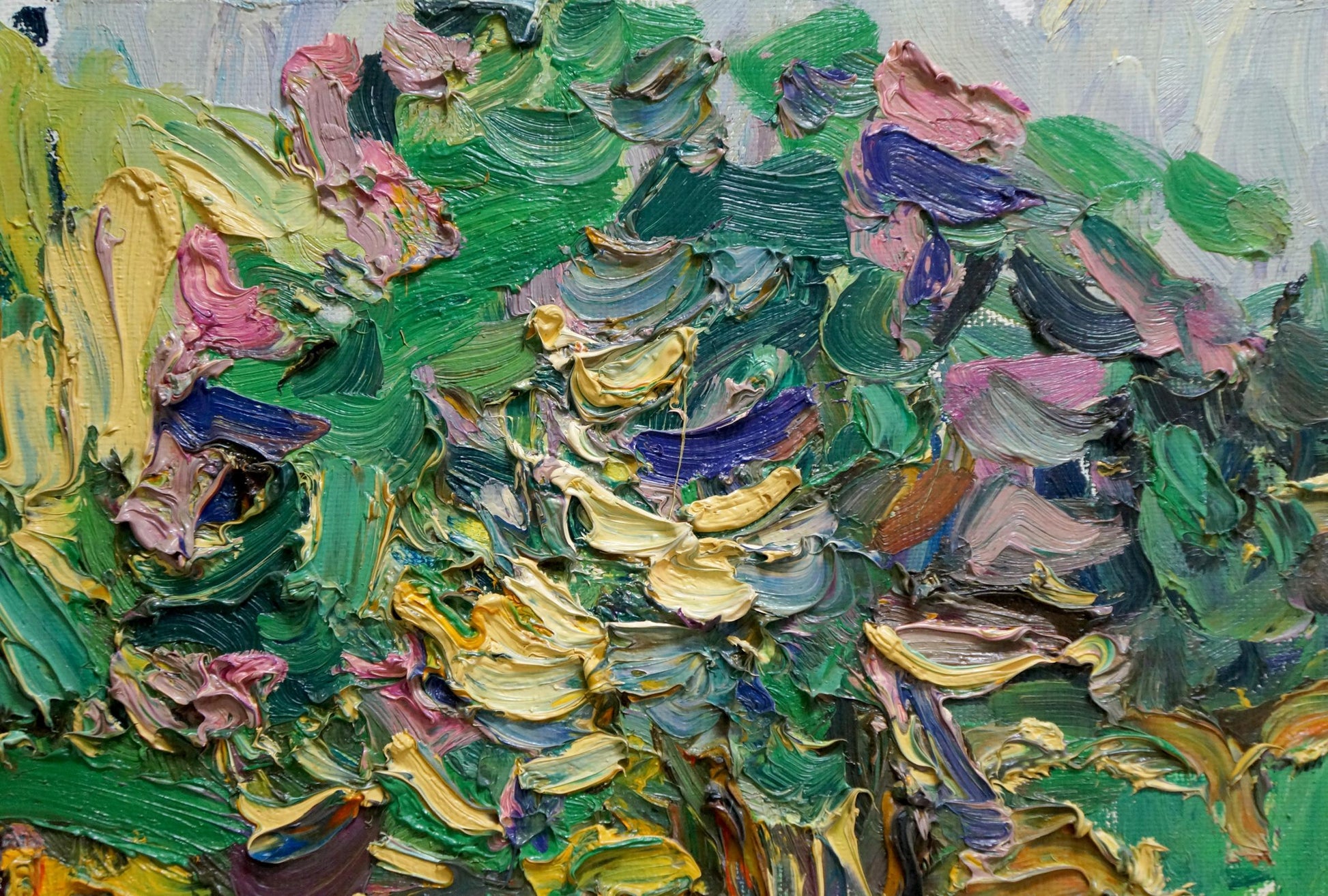 Vibrant impressionist oil painting by Dupliy Sergey Alexandrovich with textured green foliage and colorful blossoms