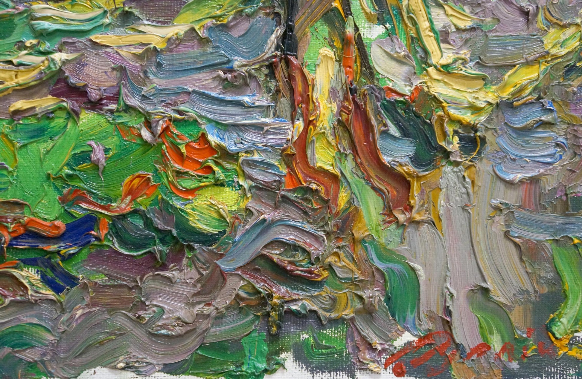 Vibrant impasto oil painting by Sergey Alexandrovich in green, yellow, orange, blue