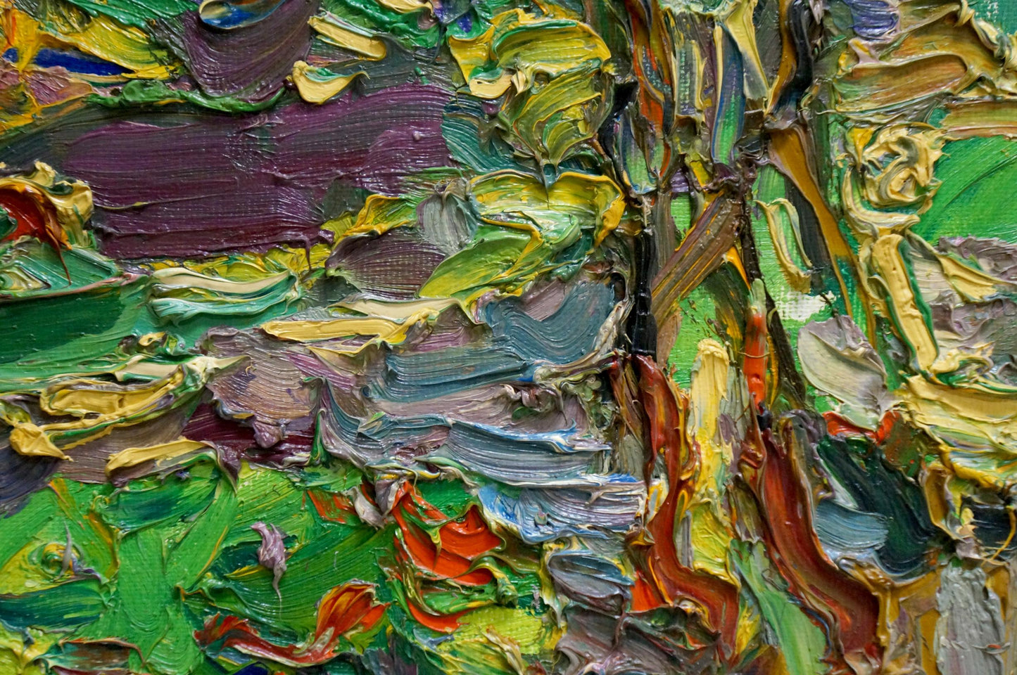 Vibrant impasto oil painting by Sergey Alexandrovich in green, yellow, purple, orange