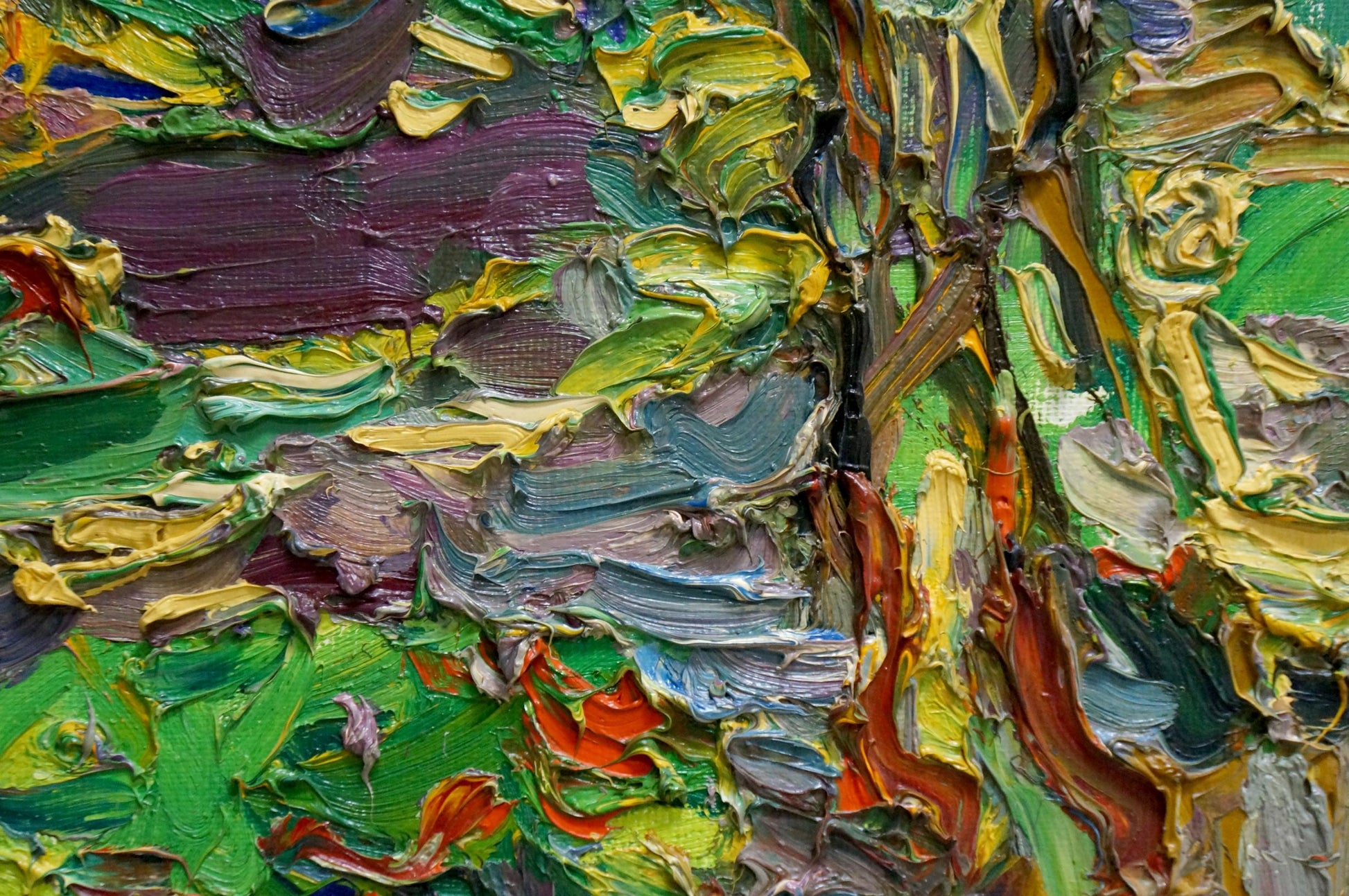 Vibrant impasto oil painting by Sergey Alexandrovich in green, yellow, purple, orange