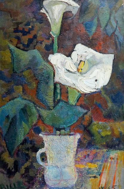Oil painting of white calla lilies in ceramic pitcher by Shevchuk Vasiliy Mikhaylovich