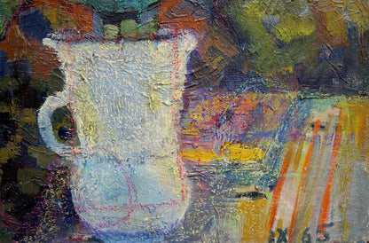 Textured white ceramic pitcher with handle, impressionistic Lilies by Shevchuk Vasiliy Mikhaylovich oil painting style