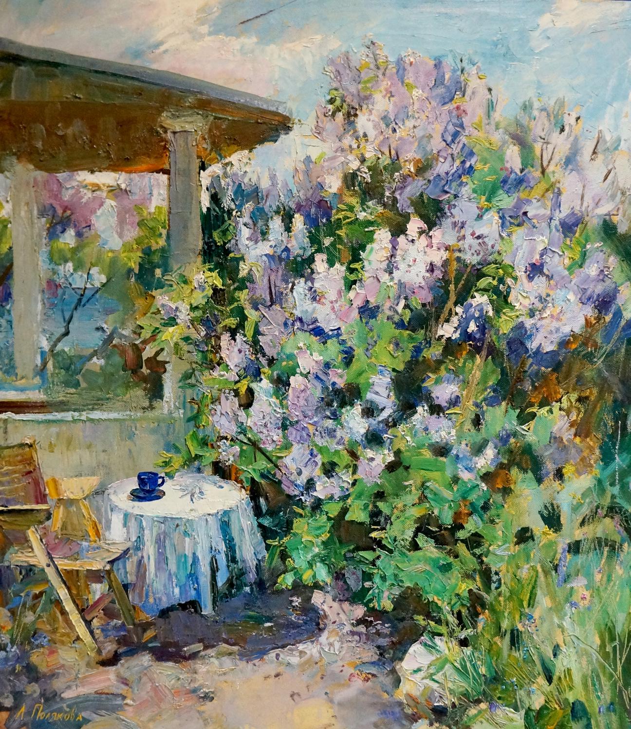 Oil painting of vibrant purple lilac blooms by Polyakova Lyudmila Valentinovna